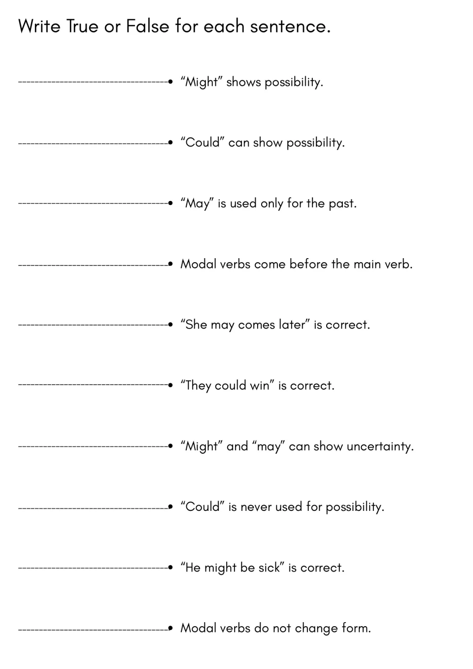 Modal verb rules: students write True or False beside 10 statements, e.g. "May is used only for the past"