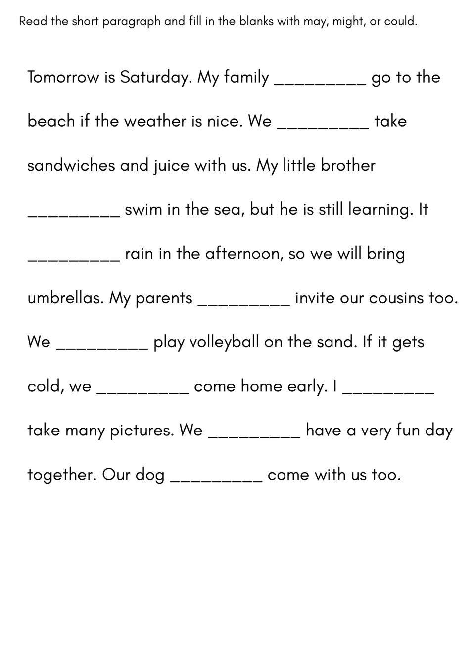 Beach day paragraph: students fill 10 blanks with may, might or could in a short story about a family's Saturday plans