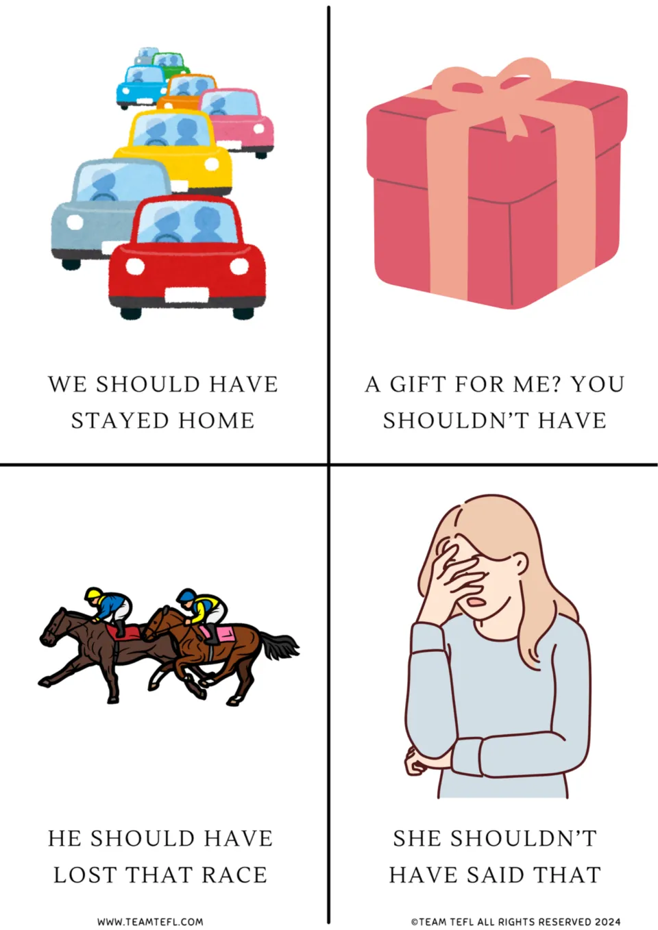 Modal verb cards 1–4 use should have and shouldn't have for staying home, a gift, a race, and a remark.