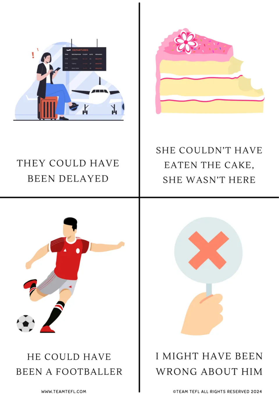 Modal verb cards 5–8 use could have, couldn't have, and might have for delays, cake, soccer, and being wrong.