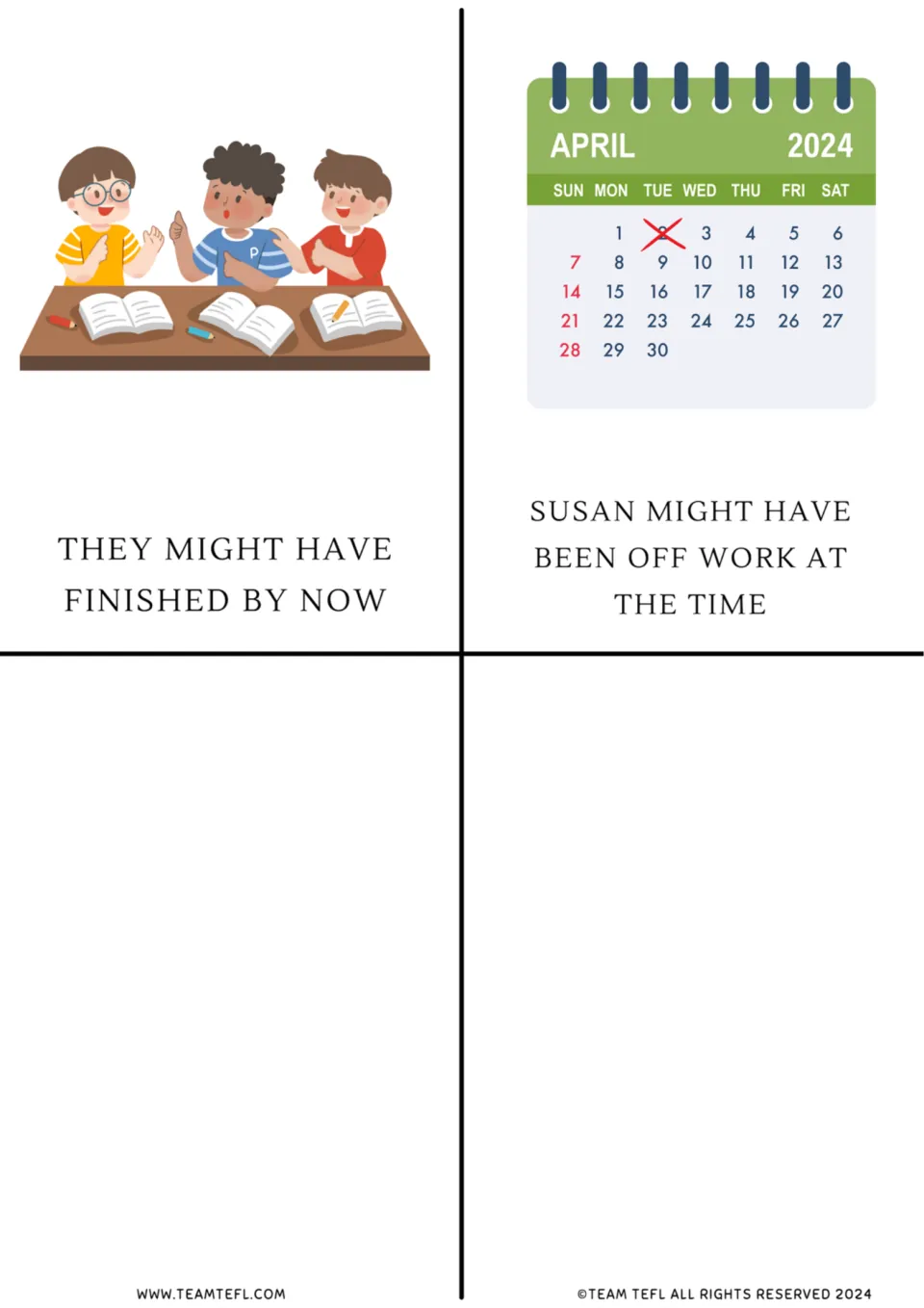 Modal verb cards 9–10: 'They might have finished by now' and 'Susan might have been off work at the time.'