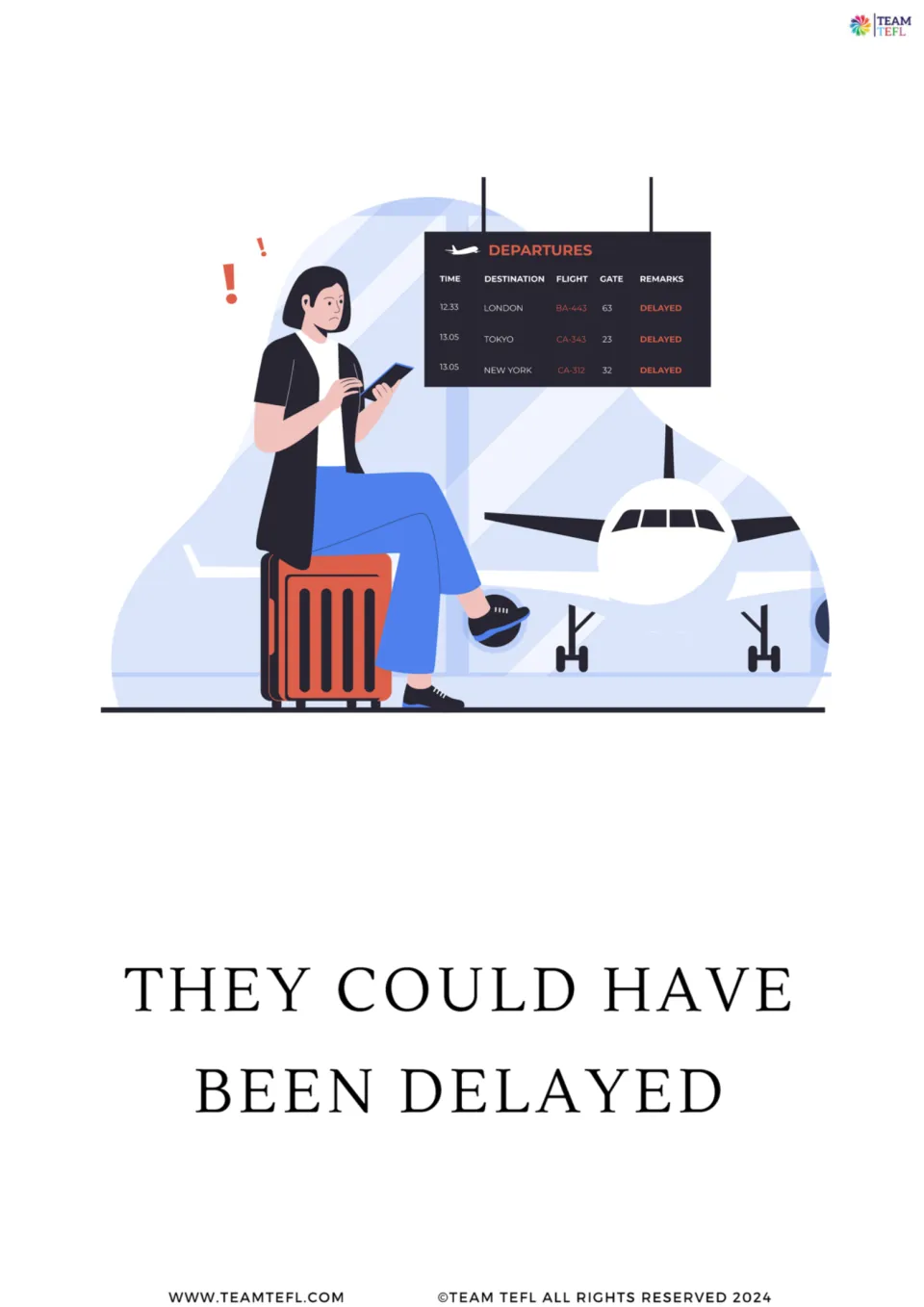 Full-page modal verb card 5: 'They could have been delayed,' illustrated by a traveler at an airport.