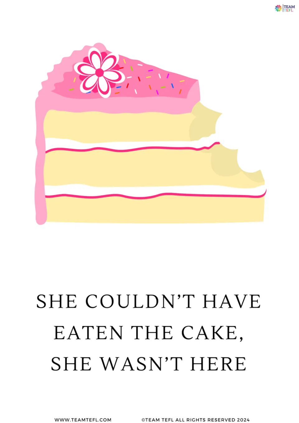 Full-page modal verb card 6: 'She couldn't have eaten the cake, she wasn't here,' with a bitten cake slice.