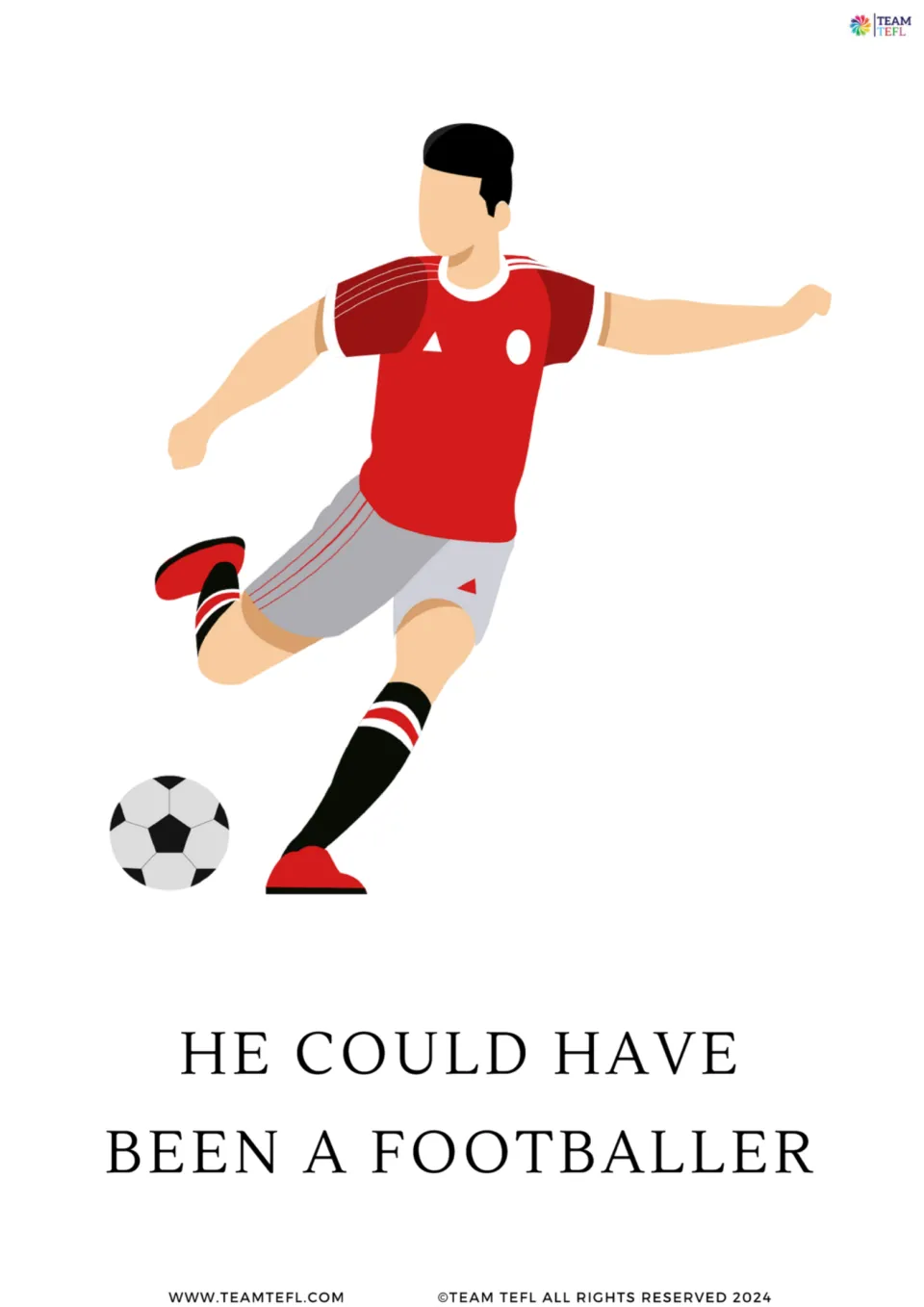 Full-page modal verb card 7: 'He could have been a footballer,' illustrated by a soccer player kicking a ball.