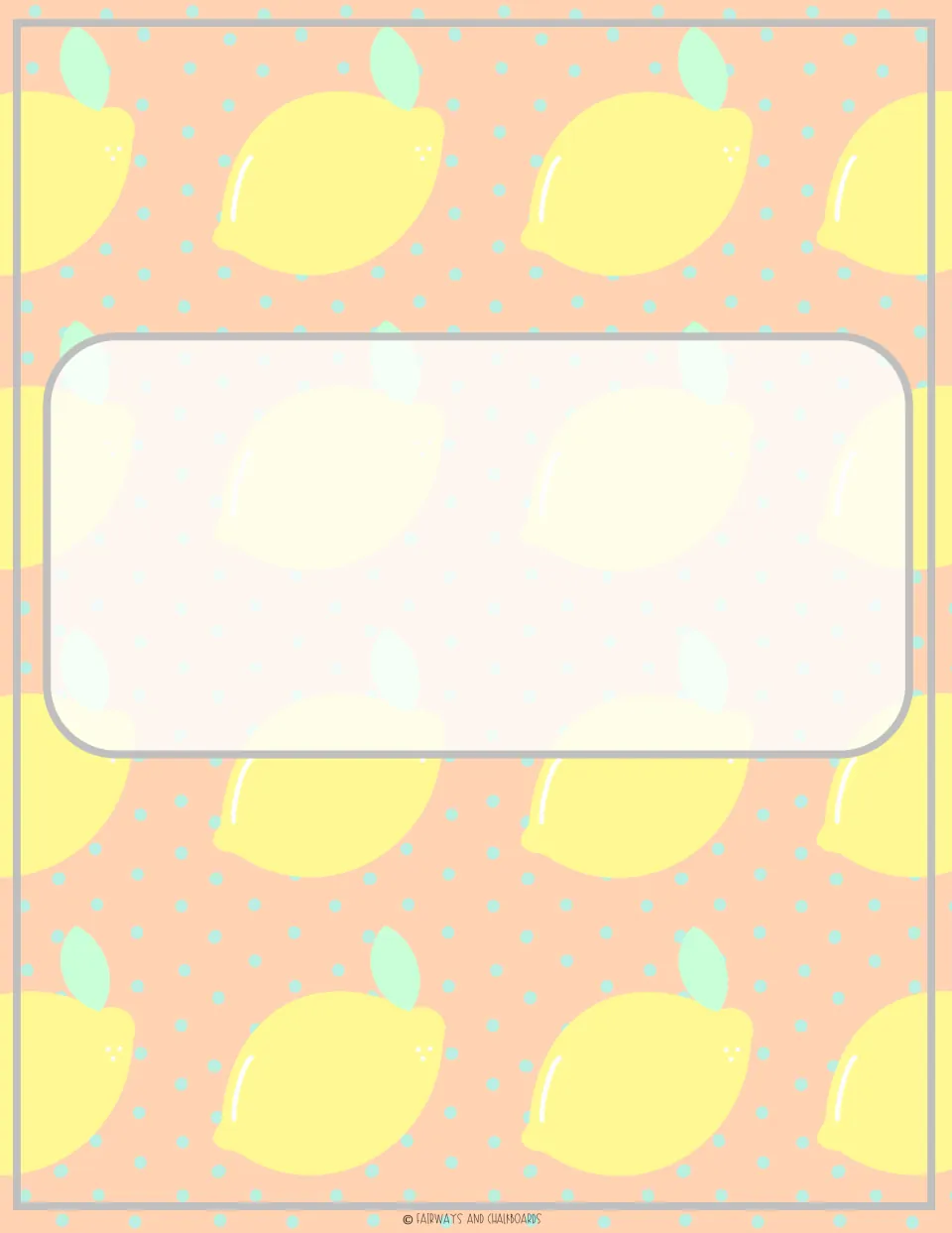 Lemon binder cover on a peach polka-dot background of whole yellow lemons, with a blank editable name panel in the center