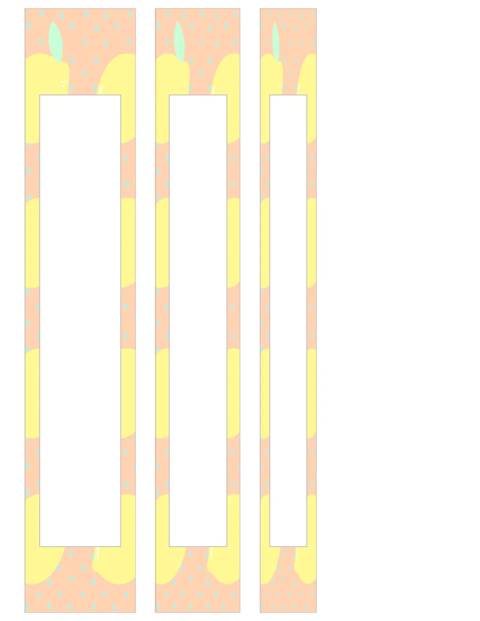 Binder spine inserts in three widths with the peach polka-dot lemon print and a blank editable label strip on each spine