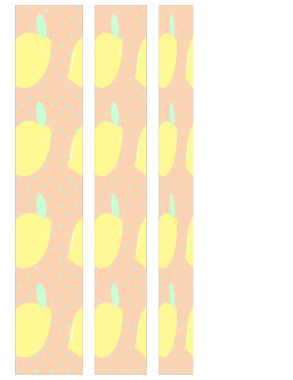 Plain binder spines in three widths printed with the peach polka-dot whole-lemon pattern and no label area to edit