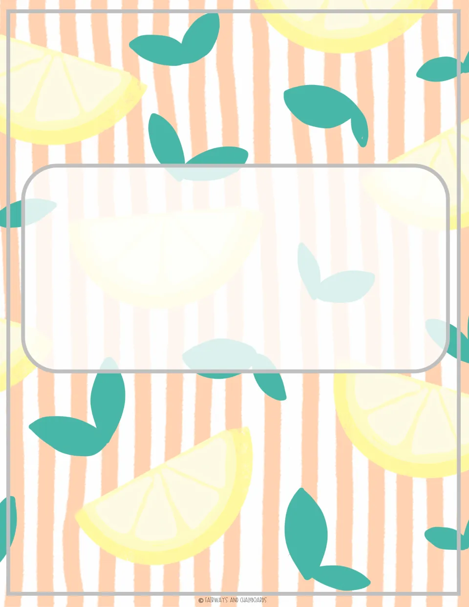 Striped lemon-slice binder cover with teal leaves on peach and white stripes and a blank editable name panel at center