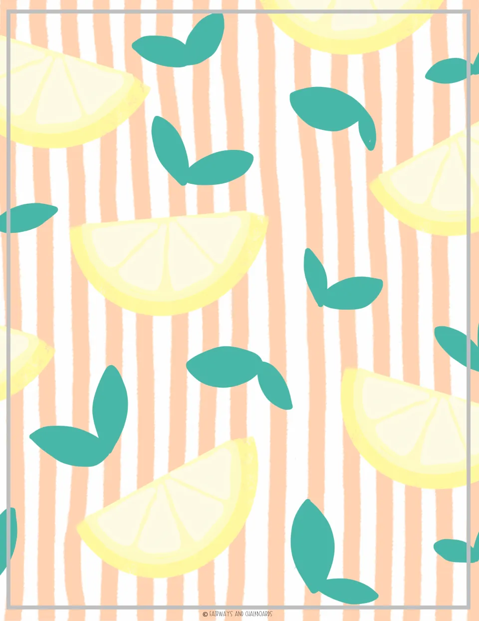 Striped binder cover of lemon slices and teal leaves on peach and white stripes, shown without a name panel