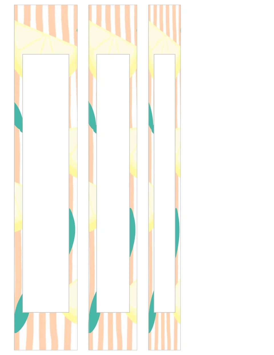Binder spines in three widths with lemon slices, teal leaves and peach stripes, each with a blank editable label strip