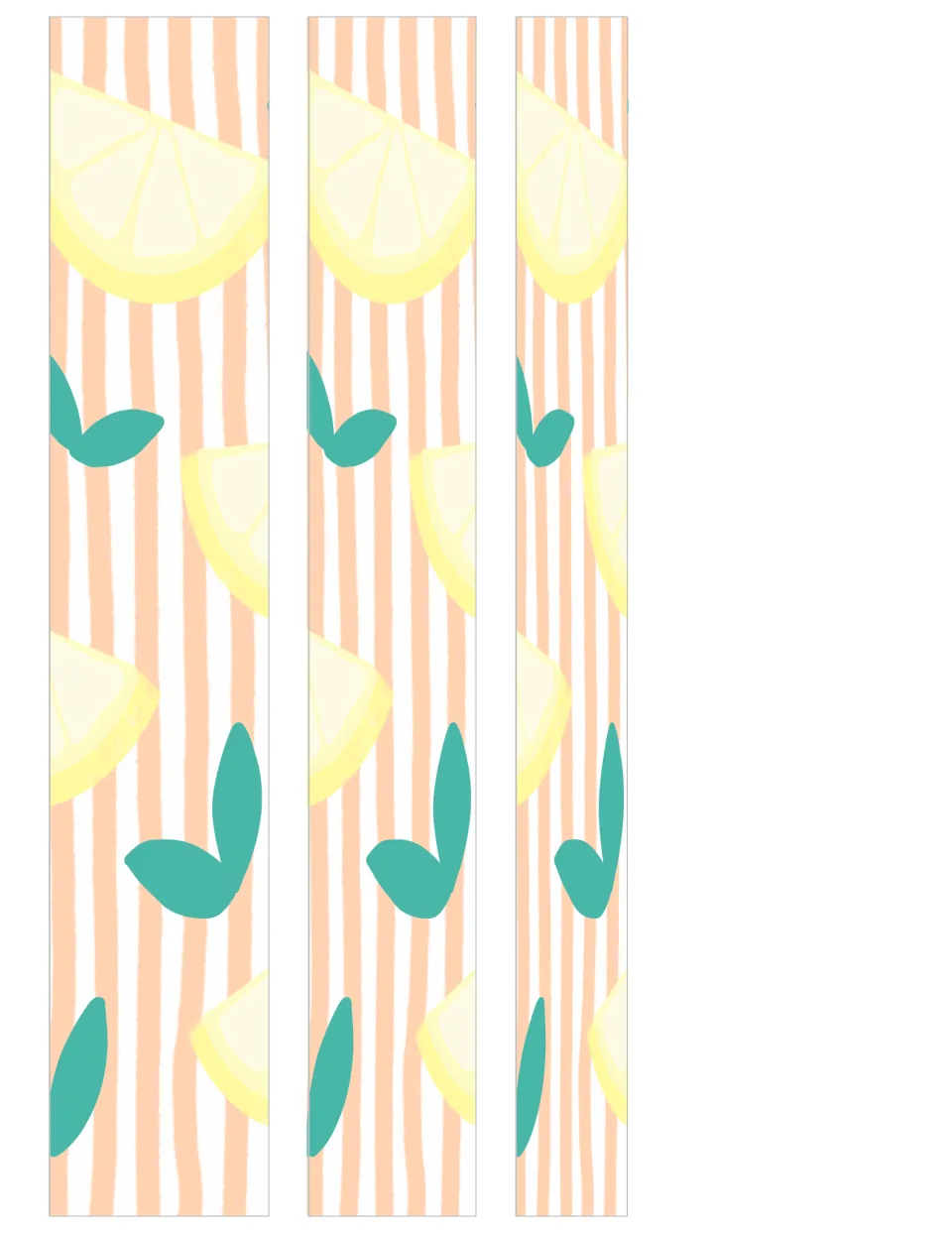 Plain striped binder spines in three widths showing lemon slices and teal leaves on peach stripes, no label strip
