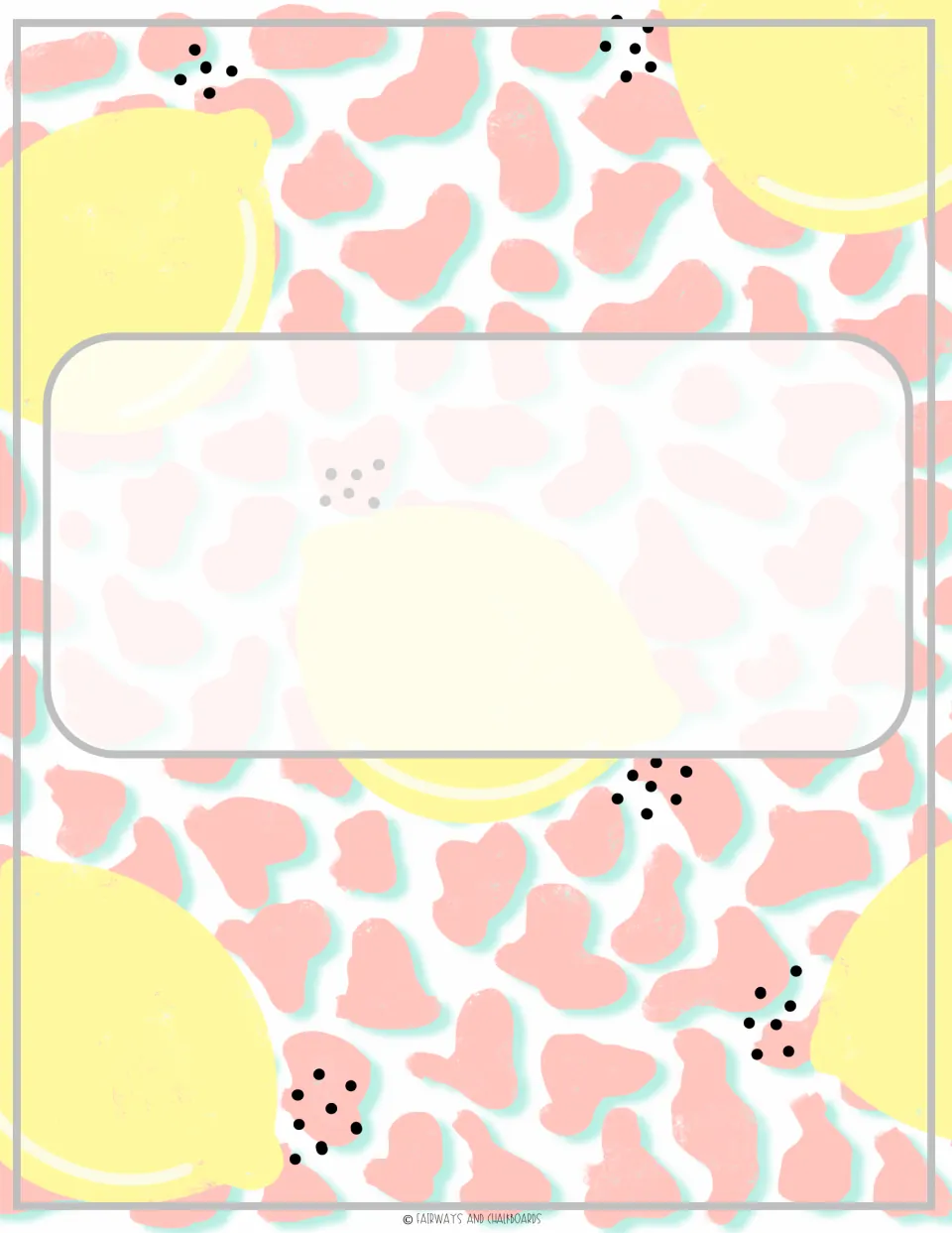 Binder cover of big yellow lemons on a coral leopard-spot print with black dots and a blank editable name panel