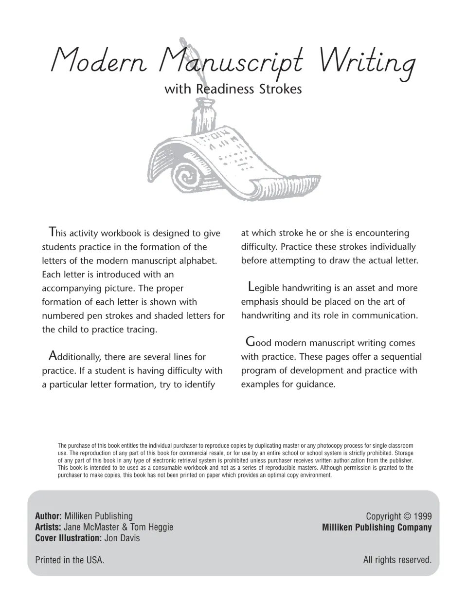 Workbook introduction explains numbered pen strokes, shaded tracing letters, and practice of difficult strokes