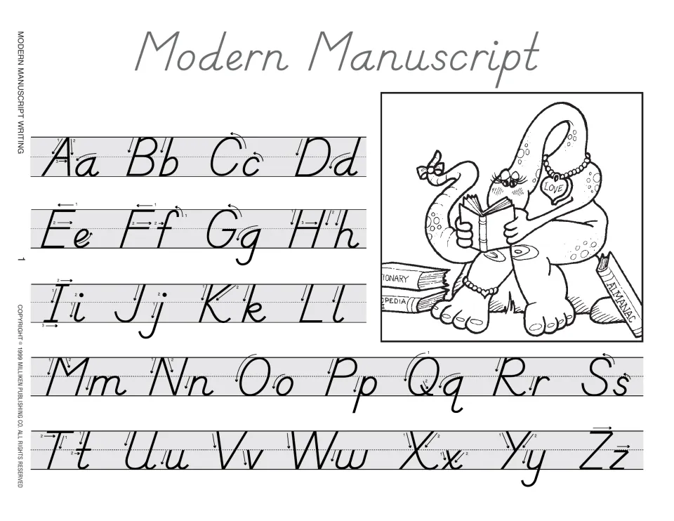 Manuscript alphabet reference shows uppercase and lowercase A–Z with arrows and numbered formation strokes