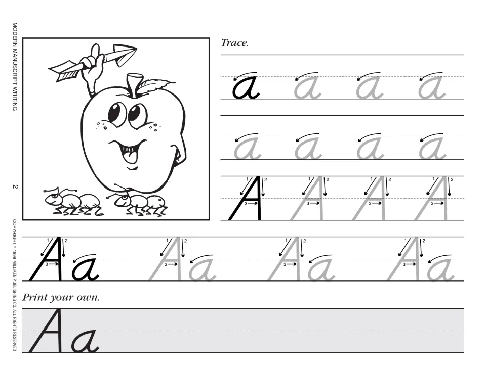 Letter Aa practice introduces tracing and independent printing with stroke arrows and an apple illustration