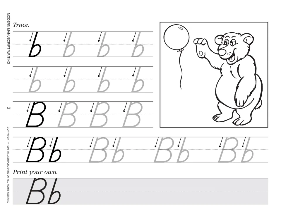 Letter Bb practice includes tracing, stroke arrows, independent printing, and a bear beside a balloon