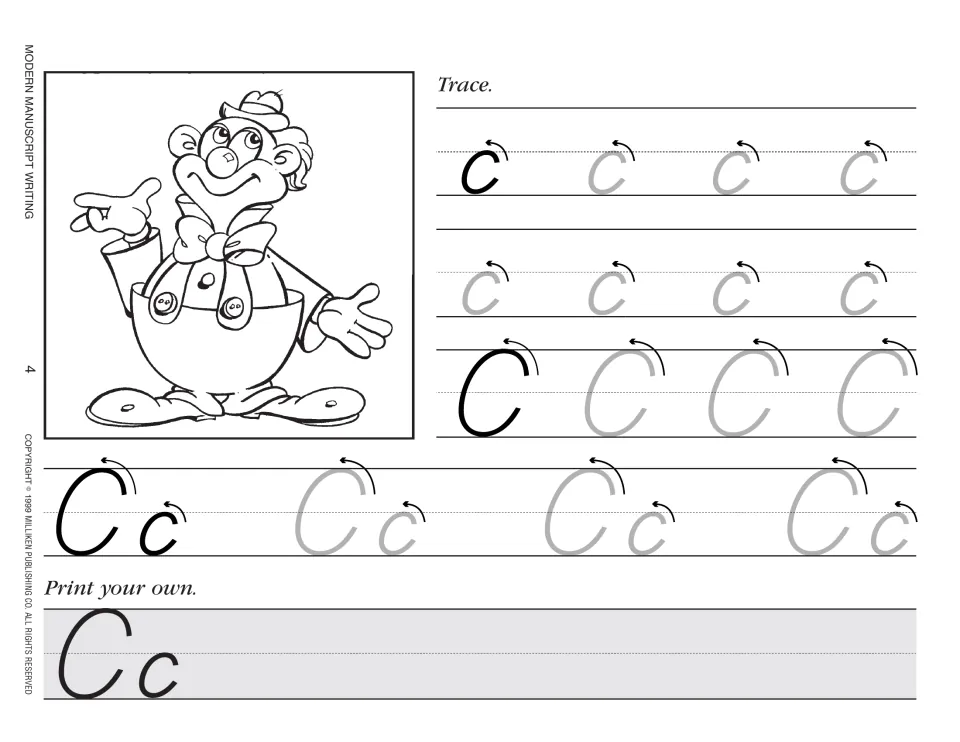Letter Cc practice includes tracing, curved stroke arrows, independent printing, and a clown illustration