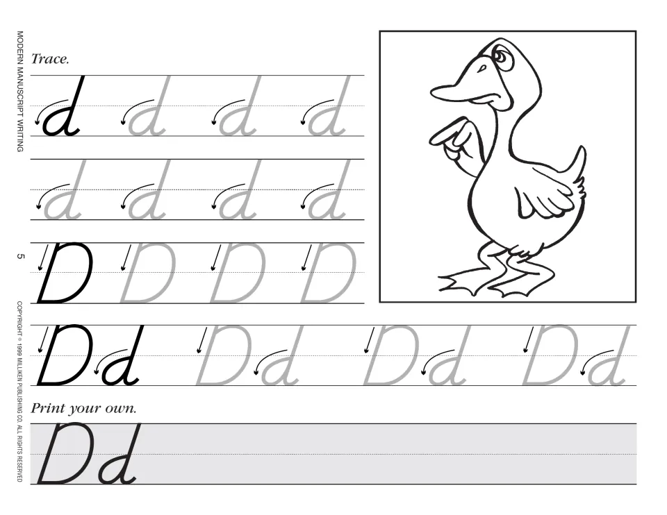 Letter Dd practice includes uppercase and lowercase tracing, stroke arrows, independent printing, and a duck