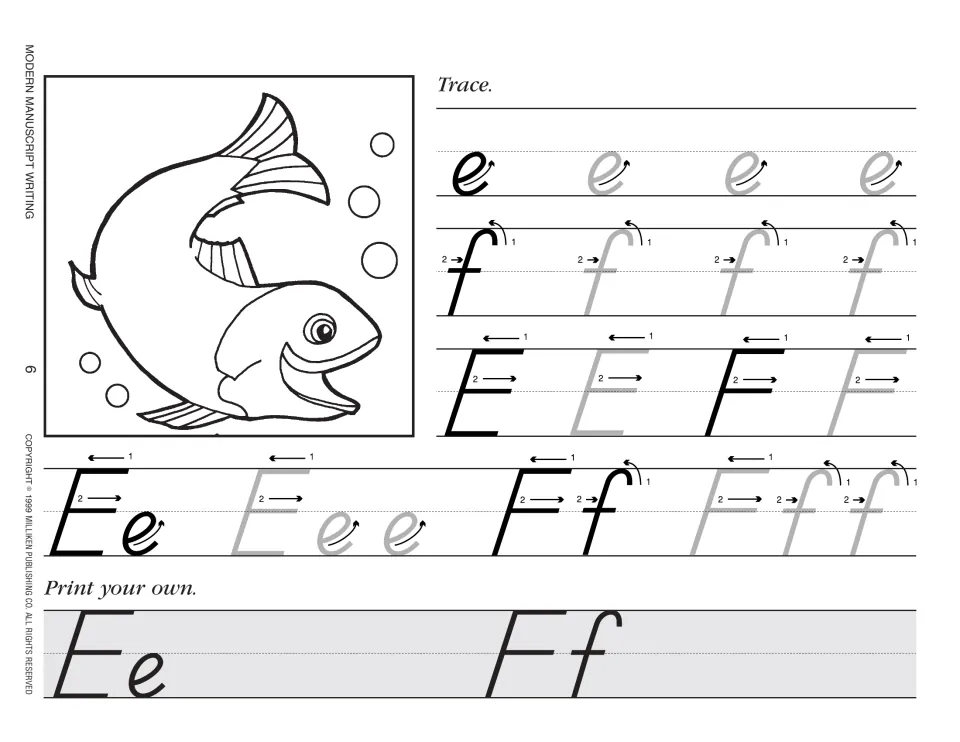 Letters Ee and Ff share a practice page with tracing, numbered stroke guides, independent printing, and a fish