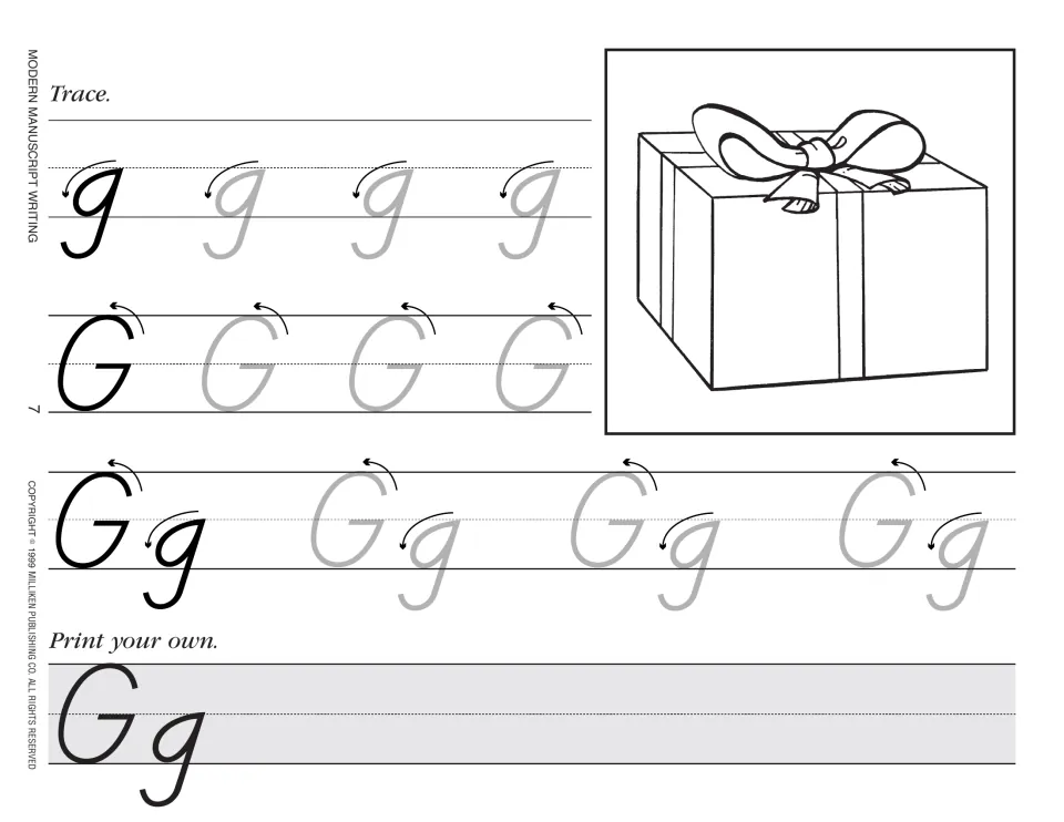 Letter Gg practice includes uppercase and lowercase tracing, stroke arrows, independent printing, and a gift