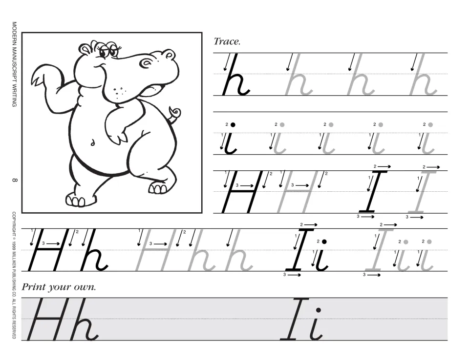 Letters Hh and Ii share a practice page with tracing, numbered strokes, independent printing, and a hippo