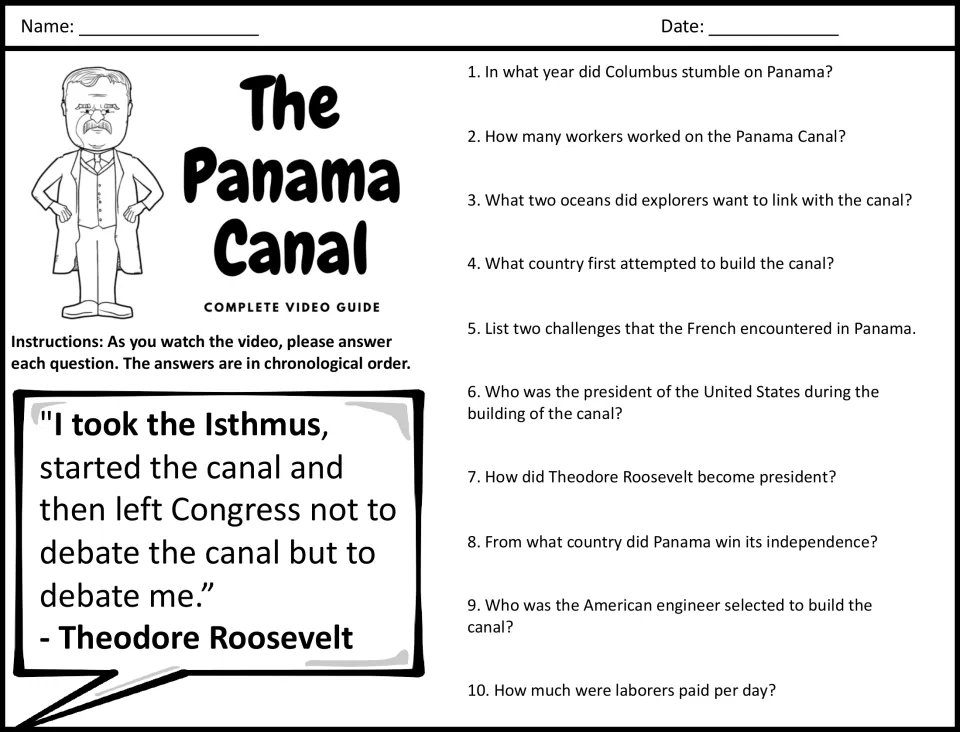 Panama Canal video guide: students answer questions 1-10 on Columbus, the French attempt and Roosevelt while watching