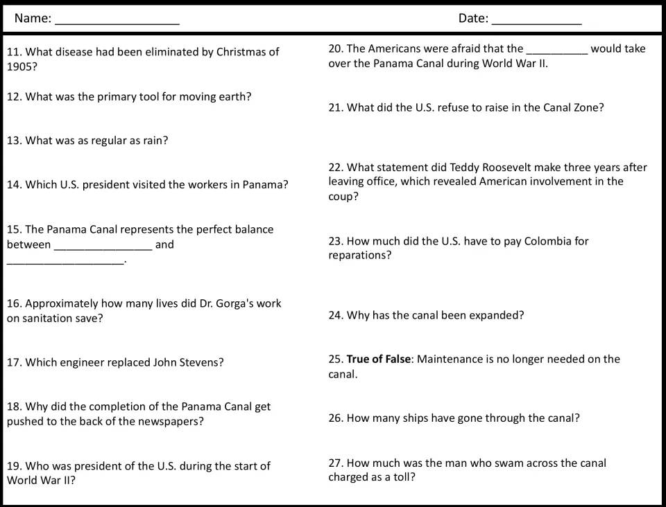 Panama Canal questions 11-27: students recall sanitation, engineers, World War II and Colombia reparations from the video