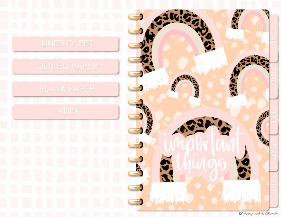 Digital notebook cover titled Important Things with leopard-print rainbows, plus links to lined, dotted and blank paper