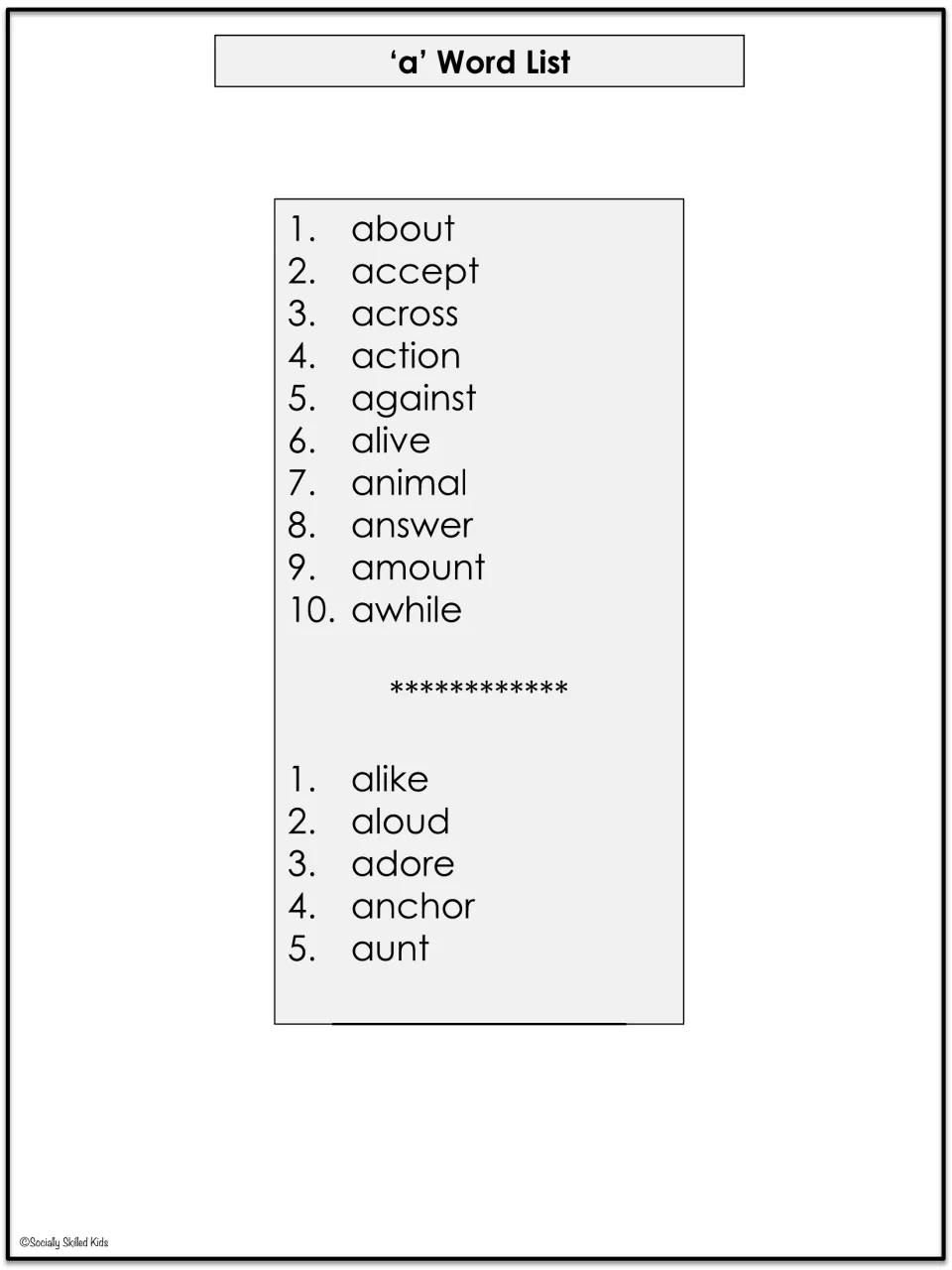 A-word spelling list: about, accept, across, action, against, alive, animal, answer, amount, awhile; five extras