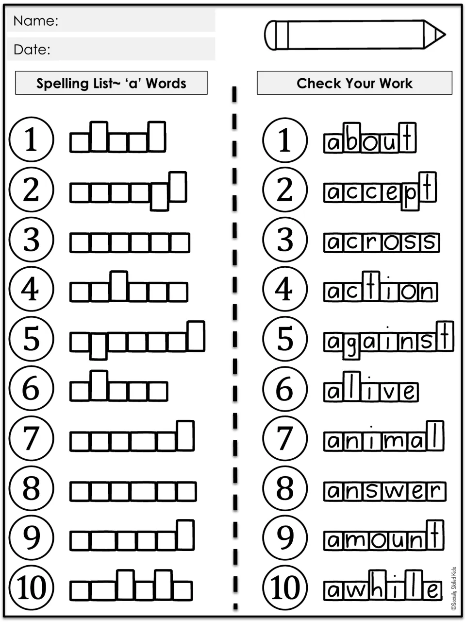 Self-checking spelling practice for 10 A words, including about, accept, across, and action, with answers