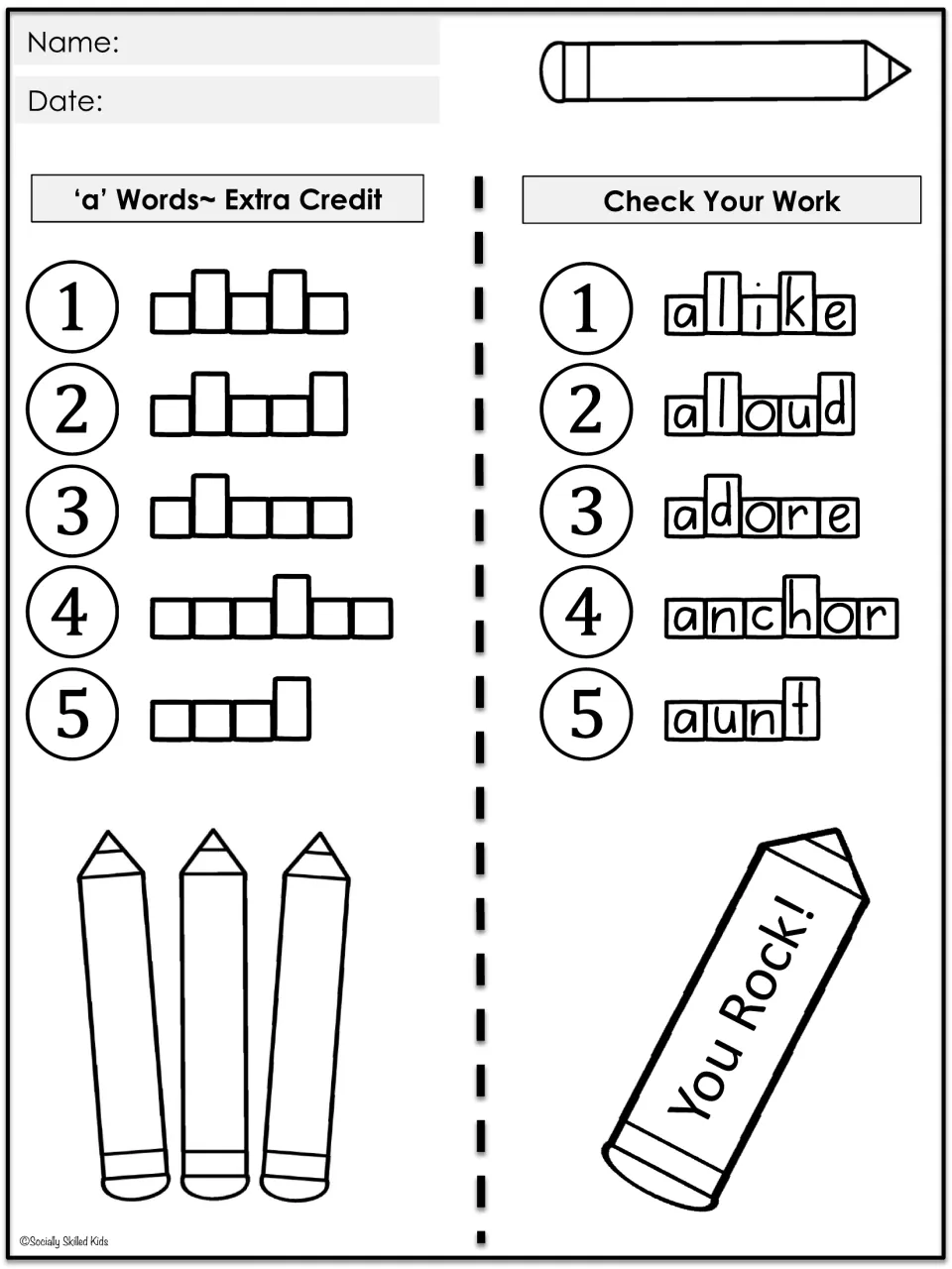 Extra-credit spelling practice for alike, aloud, adore, anchor, and aunt, with answers for self-checking