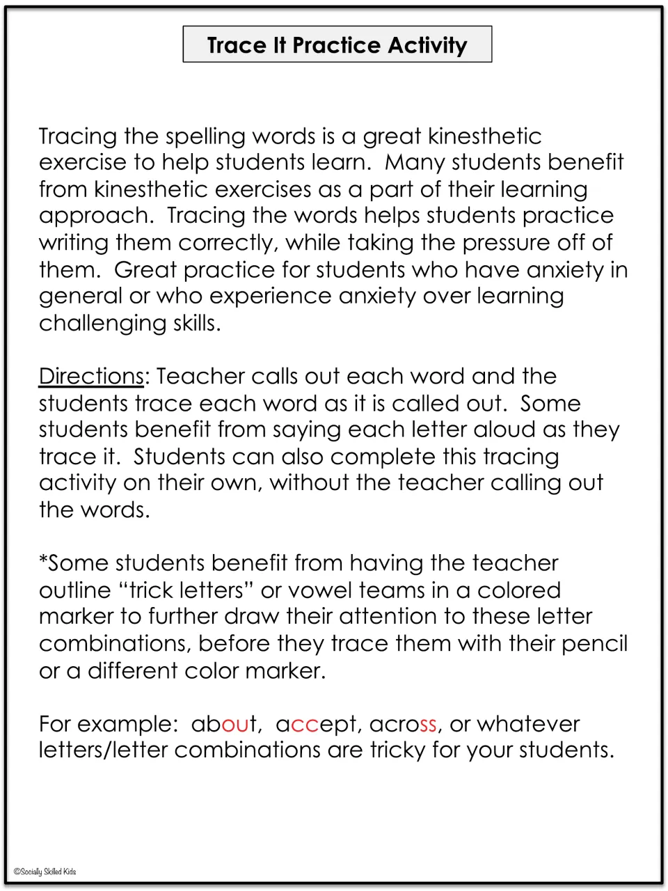 Teacher directions for tracing spelling words, saying letters aloud, and highlighting tricky letter combinations