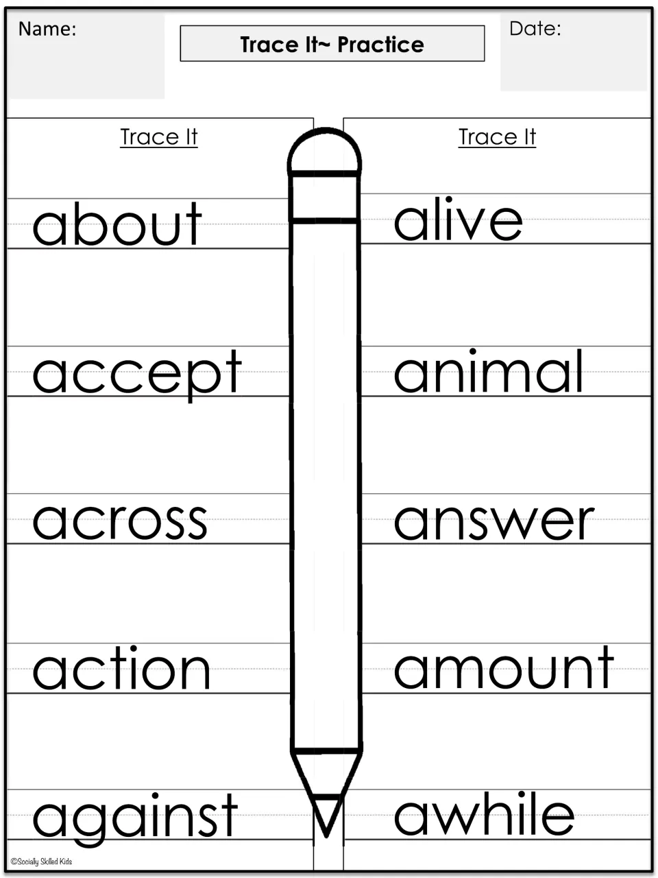 Tracing practice for 10 A words: about, accept, across, action, against, alive, animal, answer, amount, and awhile