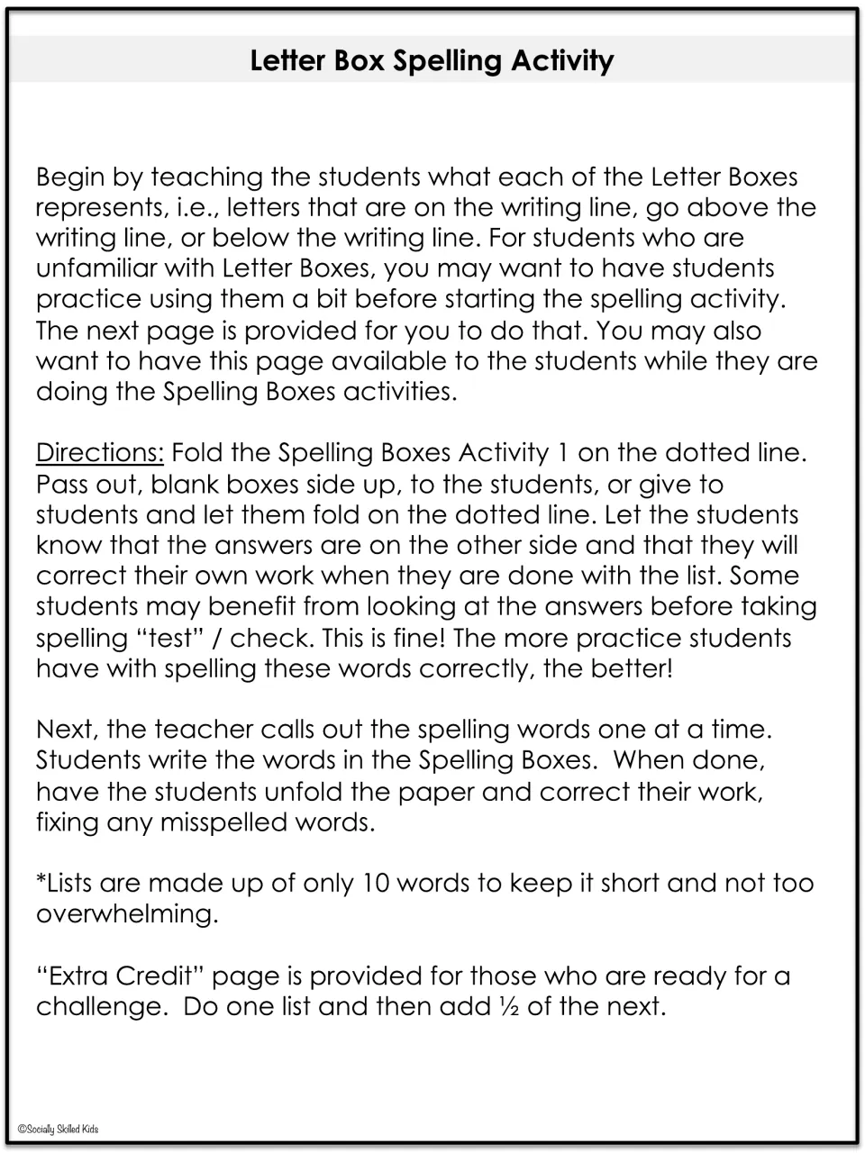 Letter Box Spelling Activity directions: teacher calls out 10 words, students write them in letter boxes, then self-correct