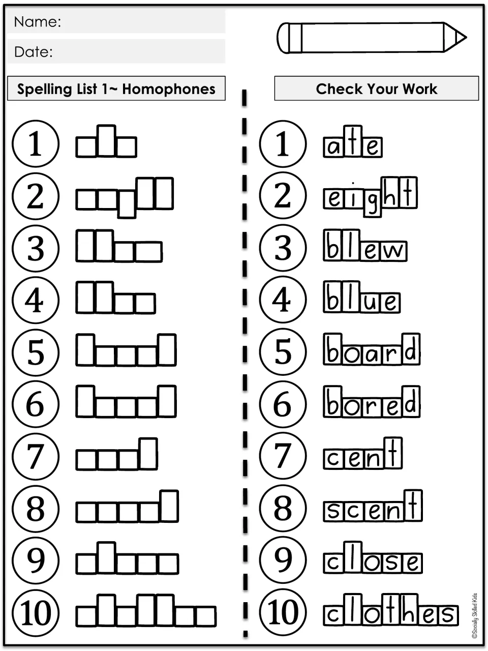 Spelling List 1 homophones: students spell ate to clothes into letter-shape boxes, then unfold to Check Your Work answers