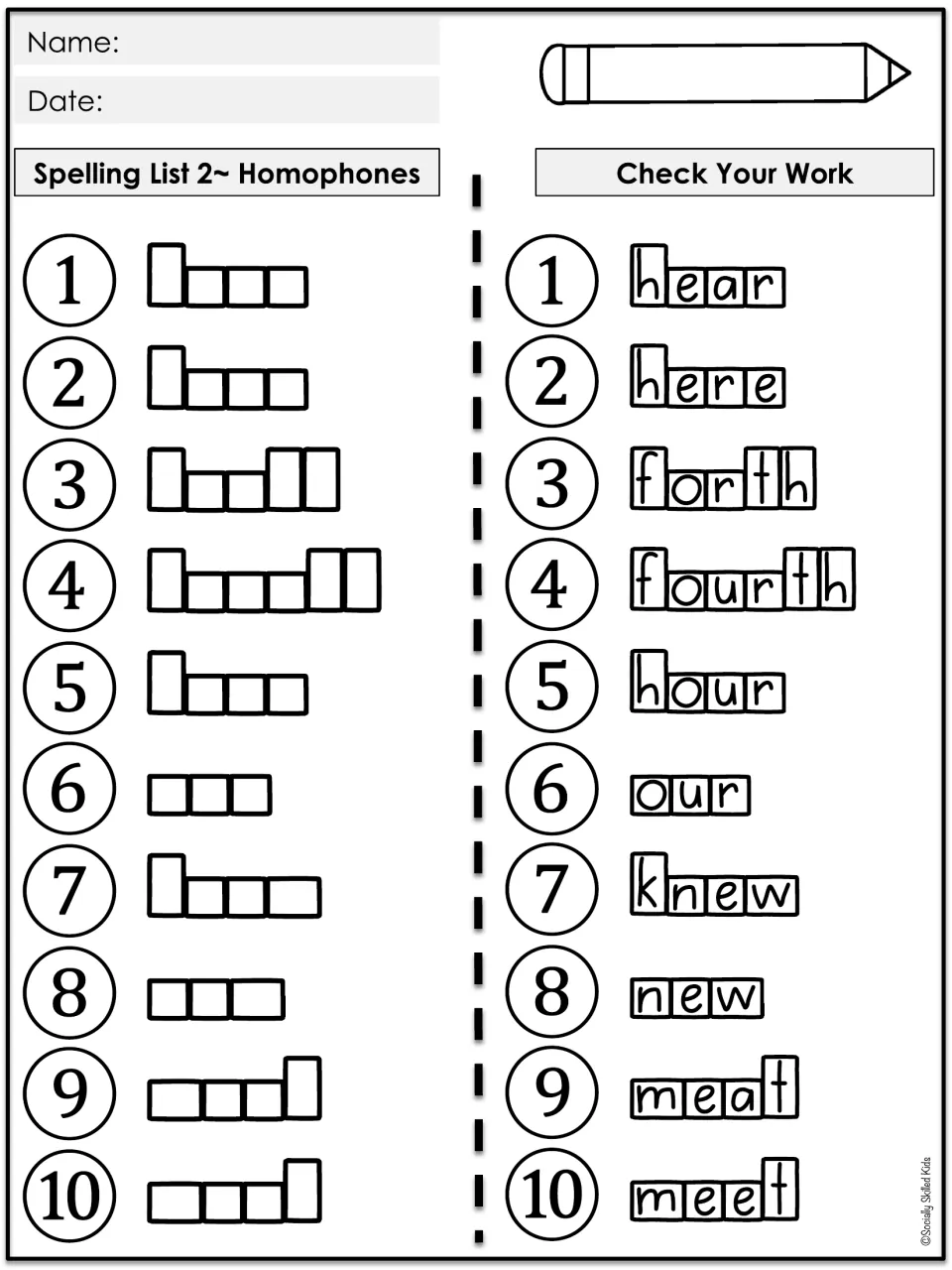 Spelling List 2 homophones: students fill letter-shape boxes for hear through meet, then fold back to compare spellings