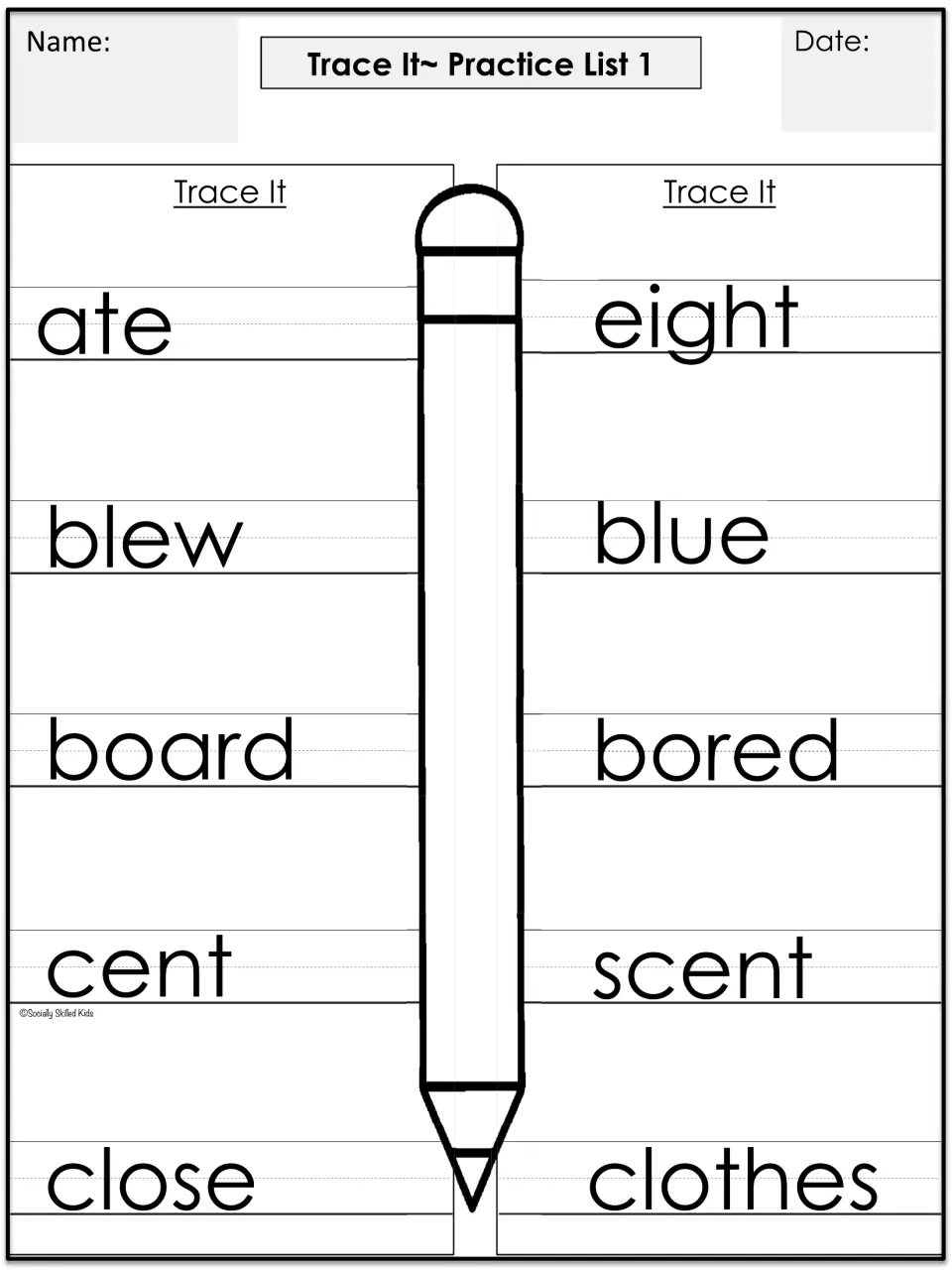 Trace It Practice List 1: students trace homophone pairs ate/eight, blew/blue, board/bored, cent/scent and close/clothes