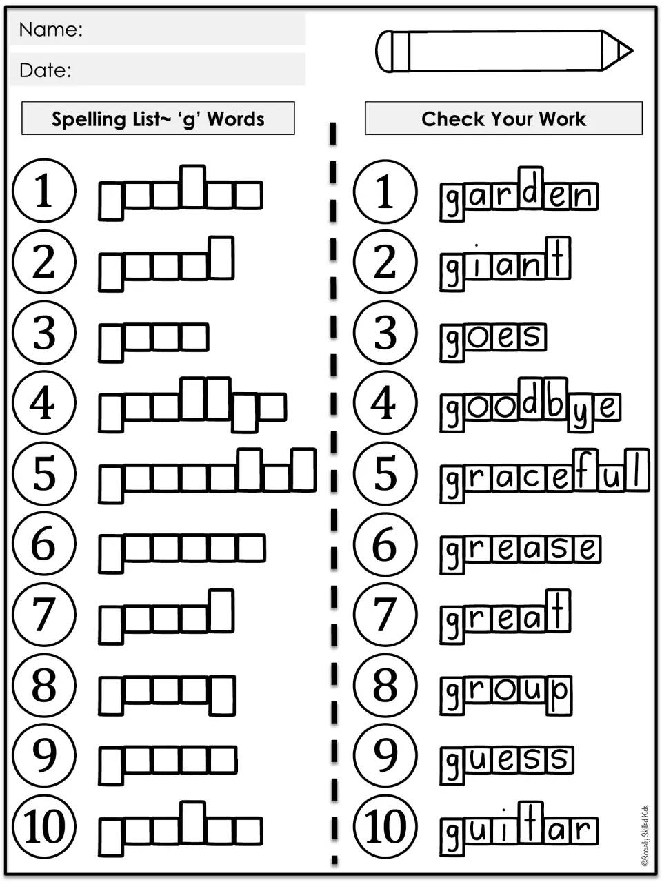 Spelling List 'g' Words: students write 10 dictated words in letter-shape boxes; fold-back side shows the words to check