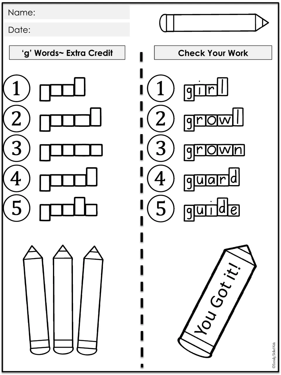Extra Credit 'g' words: students spell girl, growl, grown, guard and guide in letter boxes, then unfold to self-check