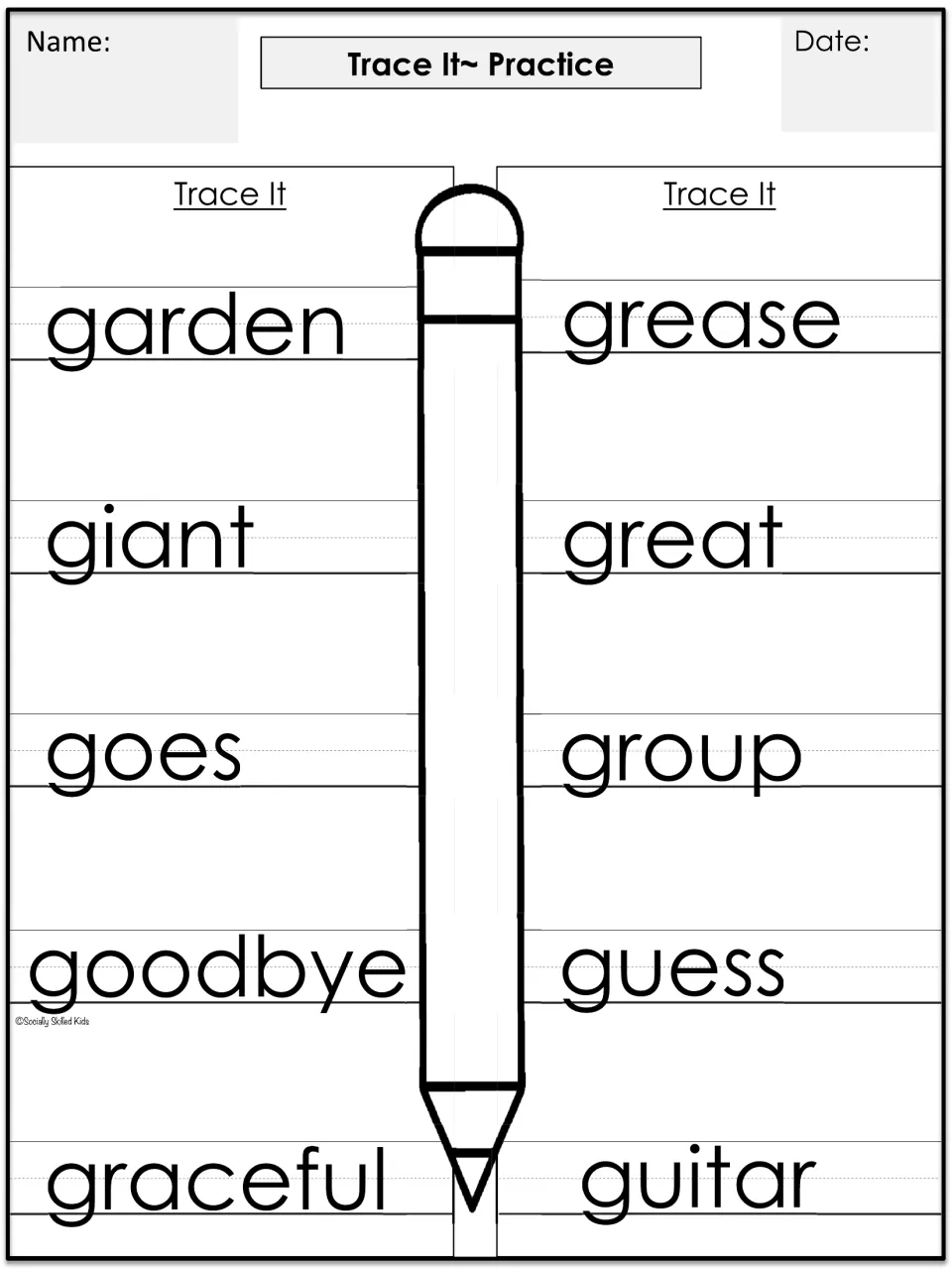 Trace It Practice: students trace the 10 'g' spelling words, from garden and giant to guess and guitar