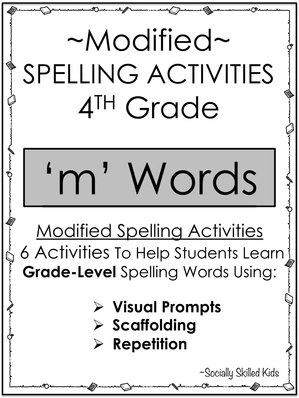 Cover for fourth-grade m-word spelling activities using visual prompts, scaffolding, and repetition