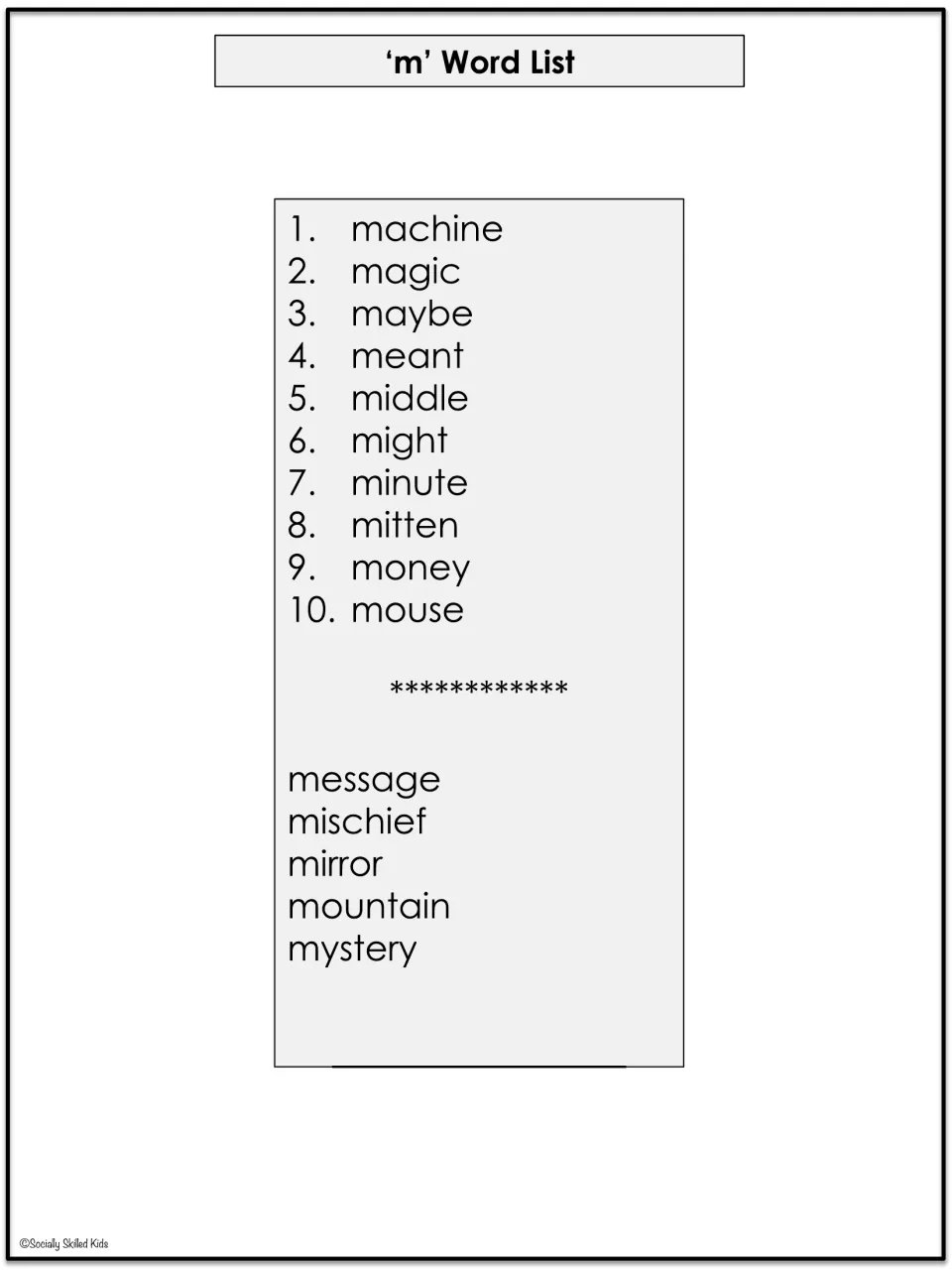 M-word spelling list includes machine, magic, maybe, and seven more core words plus five extra-credit words
