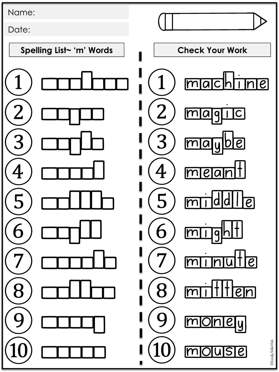 Self-checking spelling practice covers 10 m words, including machine, magic, maybe, meant, and middle