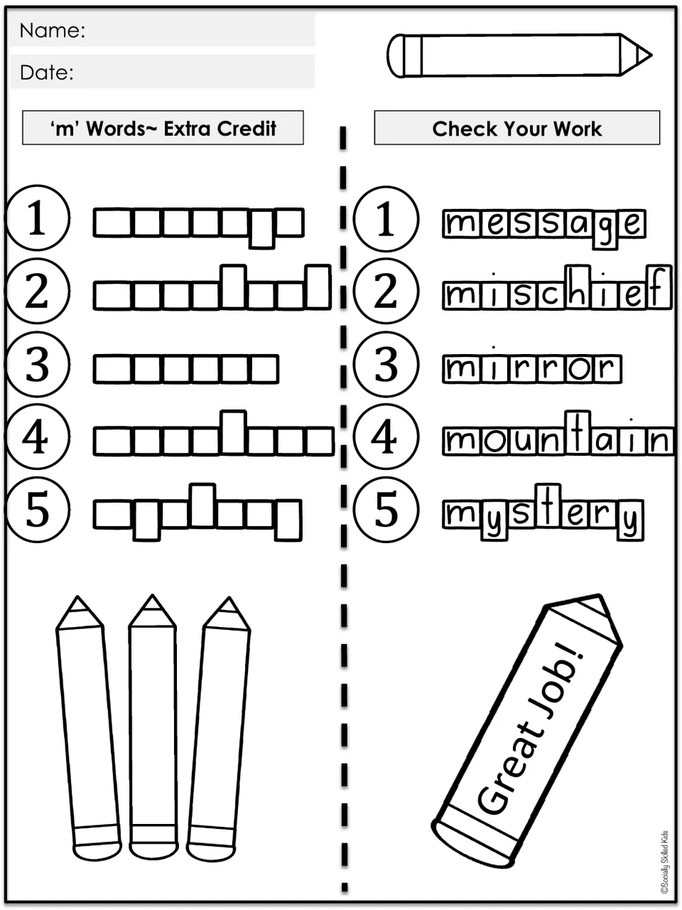 Extra-credit spelling practice provides self-check answers for message, mischief, mirror, mountain, and mystery