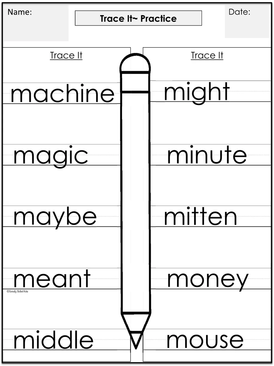 Trace It spelling practice presents machine, magic, maybe, meant, middle, might, and four more m words