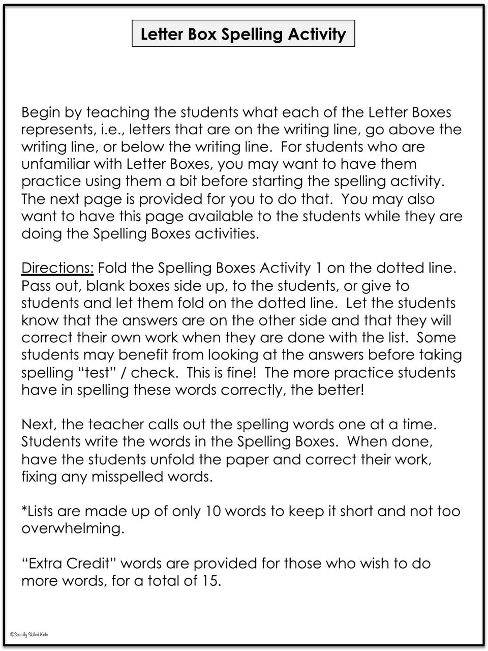 Letter Box Spelling Activity directions: students fold the sheet, spell called-out words, then unfold and self-correct