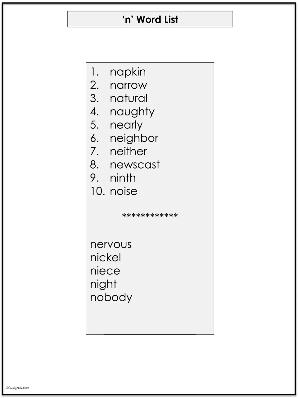 'n' word list for spelling: 10 words from napkin to noise, plus extra credit nervous, nickel, niece, night, nobody