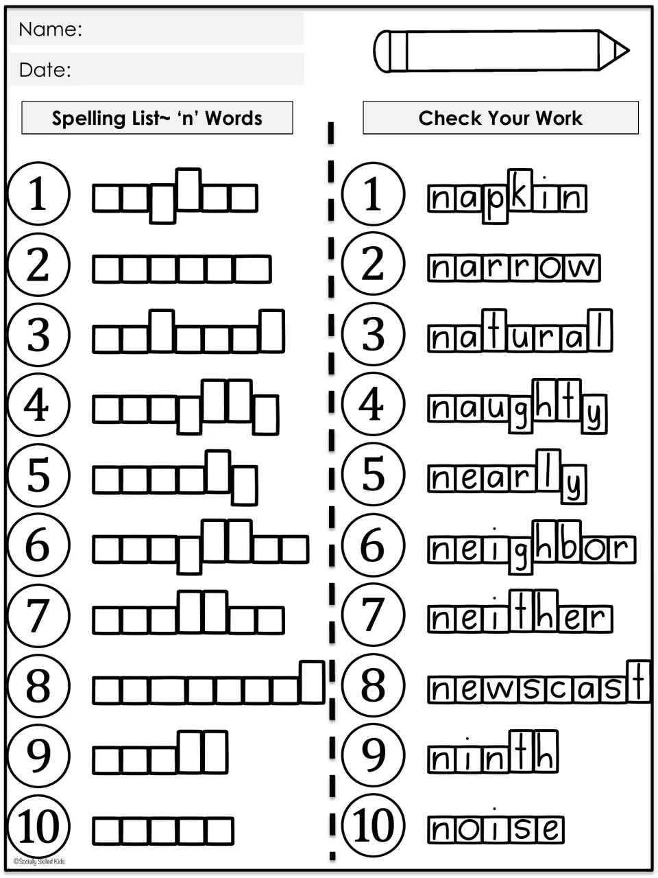 Spelling Boxes for 10 'n' words: students write each called-out word in letter boxes, then unfold to Check Your Work