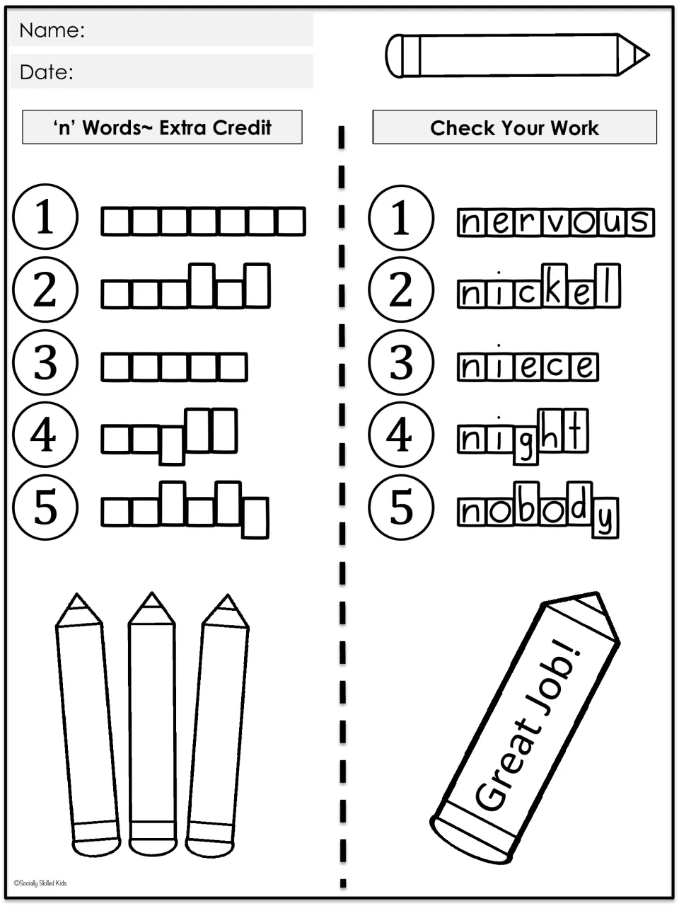 Extra credit 'n' words in letter boxes: students spell nervous, nickel, niece, night and nobody, then check answers