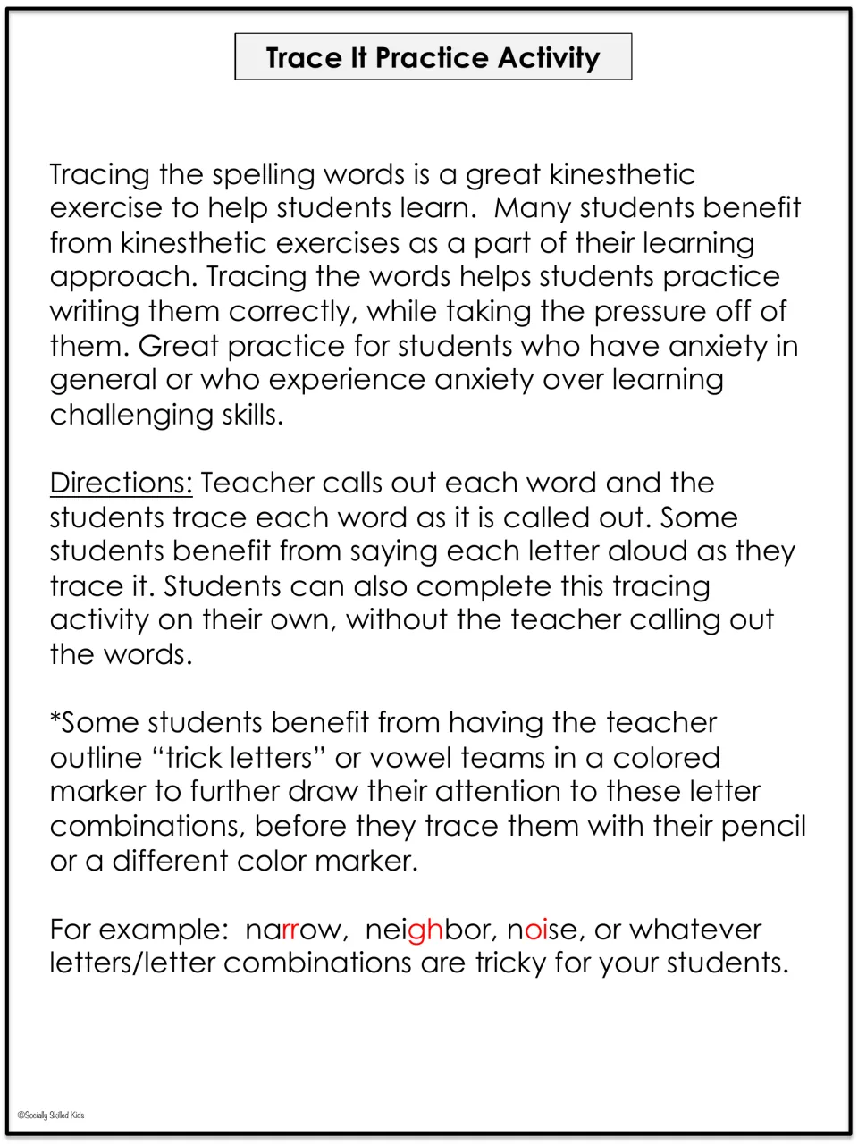 Trace It Practice Activity directions: students trace each word as it is called, with tricky letters outlined in color
